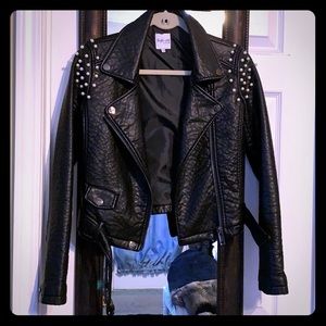 Vegan Leather Pearl Embellished Moto Jacket